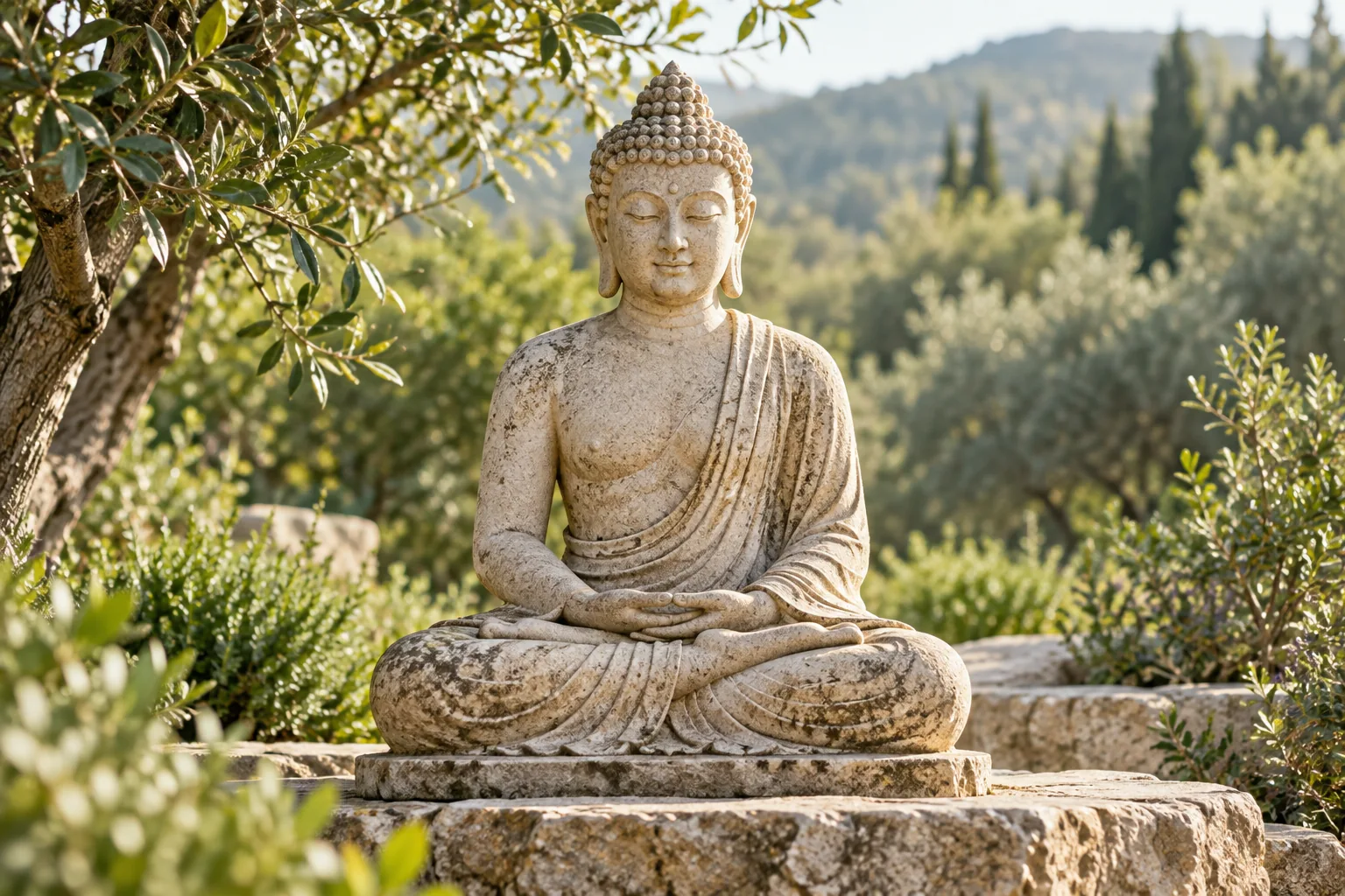 Estatua de Buda en meditación entre olivos y luz natural